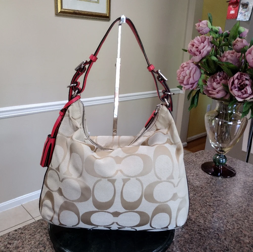 Coach Legacy Signature Courtney Hobo Bag Khaki and Coral Style #22392